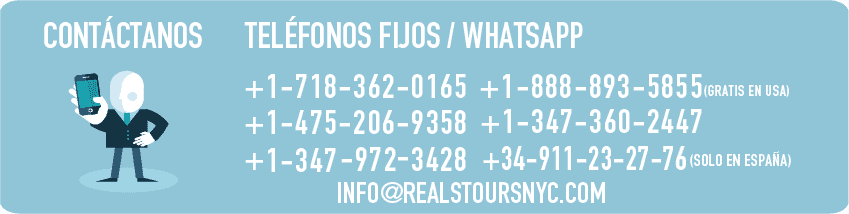 alt="Banner de contacto con el texto 'Contáctanos para tus tours en Nueva York' y un número de teléfono."